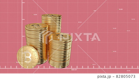 Green graph moving over stack of bitcoins against pink background. 82805073