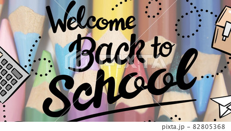 Image of back to school text and school items icons over crayons Image of back to school text and school items icons over crayons 82805368