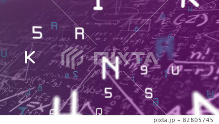 Multiple changing numbers and alphabets against mathematical equations on purple background 82805745