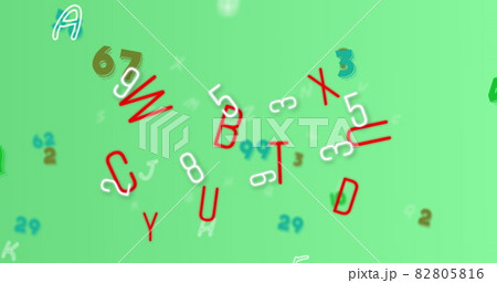 Digital image of multiple changing numbers and alphabets against green background 82805816