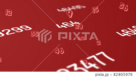 Digital image of multiple changing numbers floating and moving against red background 82805976
