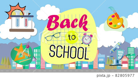 Back To School text and multiple school concept icons against cityscape 82805977