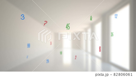 Digital composition of mathematical numbers and symbols floating against empty school corridor Digital composition of mathematical numbers and symbols floating against empty school corridor 82806061