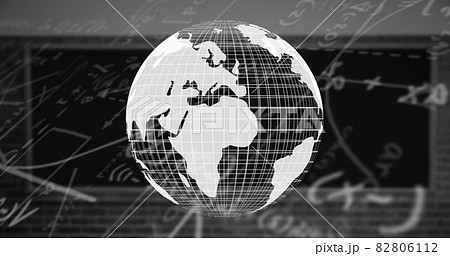 Digital image of globe spinning against mathematical equations on black background Digital image of globe spinning against mathematical equations on black background 82806112