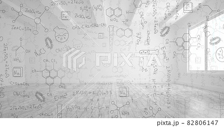 Digital composition of chemical structures and diagrams floating against empty office 82806147