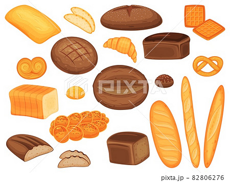 Cartoon bread, baguette, buns, pastry and bakery products. Fresh loaf of whole grain bread, croissant, pretzel, homemade pastries vector set 82806276