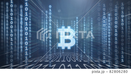 Glowing bitcoin symbol over binary coding data processing. Glowing bitcoin symbol over binary coding data processing. 82806280