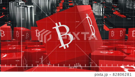 Green graph moving over bitcoin symbol on cubes against circuit connections. 82806281