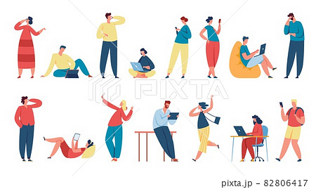 People using gadgets, characters holding smartphones or tablets. Students studying with laptop, talking on phone or texting vector set People using gadgets, characters holding smartphones or tablets. Students studying with laptop, talking on phone or texting vector set 82806417