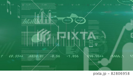 Digital image of financial data processing and digital icons moving against green background 82806958