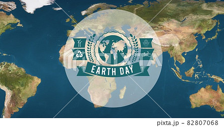 Composition of earth day text and green globe logo over world map background Composition of earth day text and green globe logo over world map background 82807068