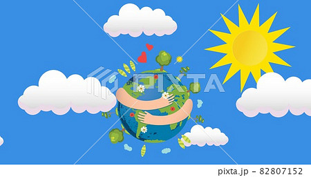 Composition of arms hugging globe over blue sky, sun and clouds background 82807152