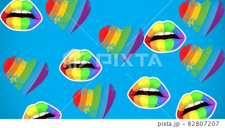 Rainbow mouths and hearts on blue background 82807207