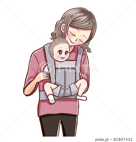 抱っこひもで前向き抱きをしているお母さんと笑顔の赤ちゃんのイラスト素材