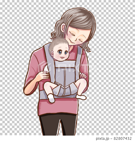 抱っこひもで前向き抱きをしているお母さんと笑顔の赤ちゃんのイラスト素材