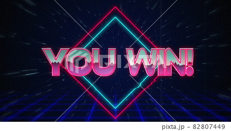 Retro You Win text glitching over blue and red squares 4k 82807449