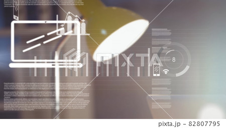 Digital composite image of digital icons and data processing against lamp on office desk Digital composite image of digital icons and data processing against lamp on office desk 82807795