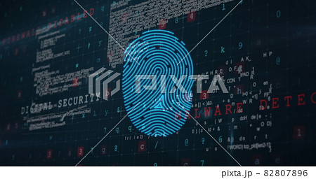 Bio metric fingerprint scanner and data processing against blue background 82807896