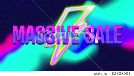 Image of massive sale text in purple letters over neon lightning over multi coloured background 82808001