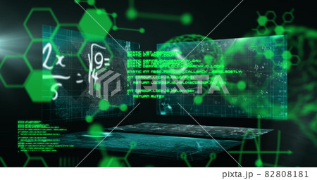 Image of math equations written on screen with green 3D brain and molecule Image of math equations written on screen with green 3D brain and molecule 82808181