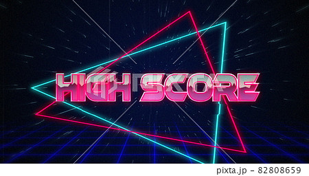 Retro High Score text glitching over blue and red triangles 4k 82808659