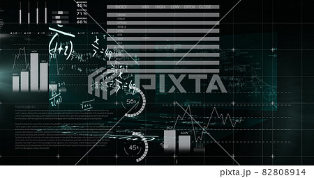 Mathematical equations floating against statistical data processing against black background 82808914
