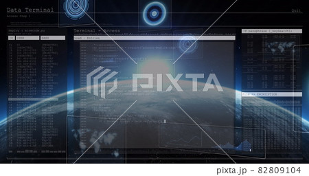 Image of scopes scanning and data processing over digital screens and globe 82809104