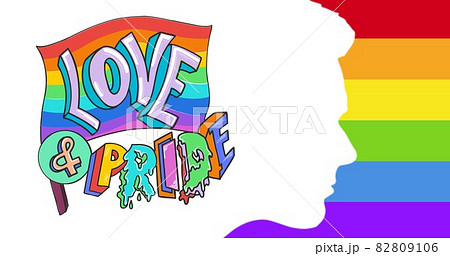 Love and pride text over humans head profile over rainbow stripes background 82809106