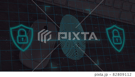 Image of data processing on screen over biometric fingerprint 82809112