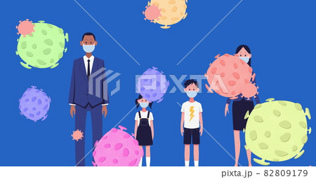 Multiple Covid -19 cells over family wearing face masks against blue background 82809179