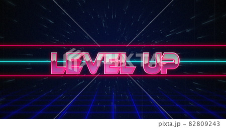 Retro Level Up text glitching over blue and red lines 4k 82809243