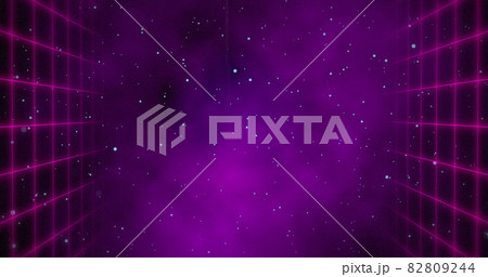 Red squared walls moving over universe background with purple fog in the center 4k 82809244