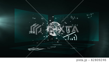 Image of a globe with numbers spinning over three boards mathematical and equations floating 82809246