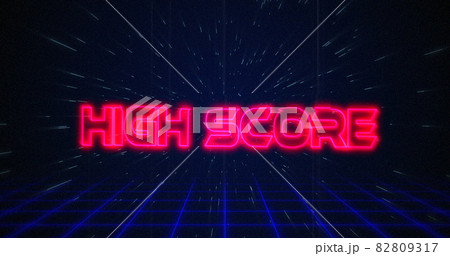 Retro High Score text glitching over blue and red triangles 4k 82809317