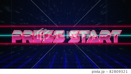 Retro Press Start text glitching over blue and red lines on white hyperspace effect 82809321