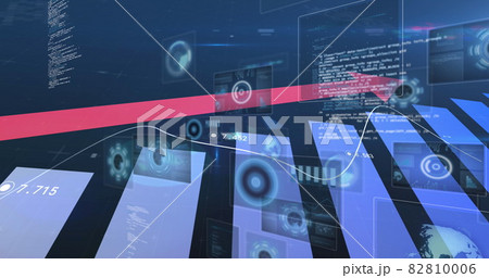 Image of pink arrow pointing up, scopes scanning and data processing on screens 82810006