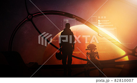 Astronaut and droid at the porthole of a ship approaching Mars. Astronaut and droid at the porthole of a ship approaching Mars. 82810007