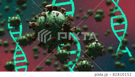 DNA and coronavirus bacteria flying over gradient background. 82810152