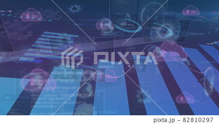 Image of scopes scanning and data processing over digital clouds with arrows and percent growing 82810297