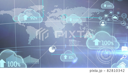 Image of blue clouds with rising numbers and arrows floating oer a world map Image of blue clouds with rising numbers and arrows floating oer a world map 82810342