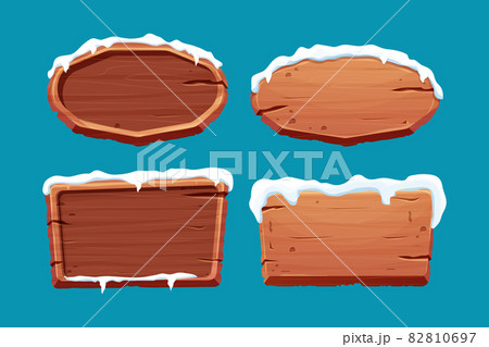 Set old wooden blank, signboard with snow in cartoon style.Empty frame, direction plank isolated on white background. Seasonal decoration 82810697