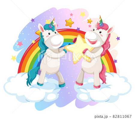 Cute Unicorn In The Pastel Sky With Rainbowのイラスト素材