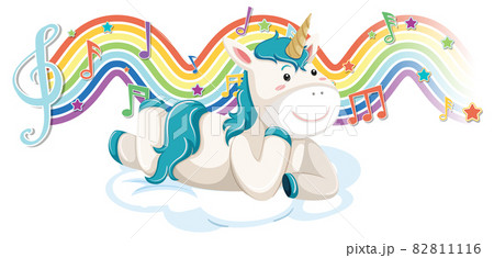 Unicorn laying on the cloud with melody symbols on rainbow wave Unicorn laying on the cloud with melody symbols on rainbow wave 82811116