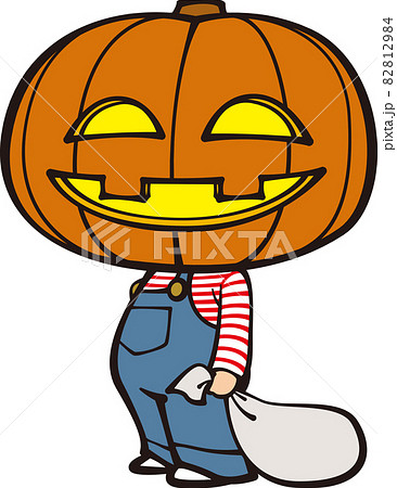 袋を持って誰かを待つのお化けカボチャ 2頭身 のイラスト素材