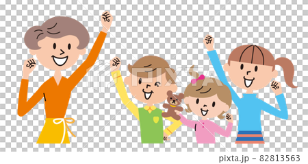 家族 4人 母と子供達 ガッツポーズ 元気 イラストのイラスト素材