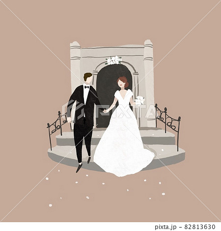 手を繋いで結婚式場から退場する新郎新婦 フラワーシャワー ウエディング 結婚式 挙式 花嫁a のイラスト素材
