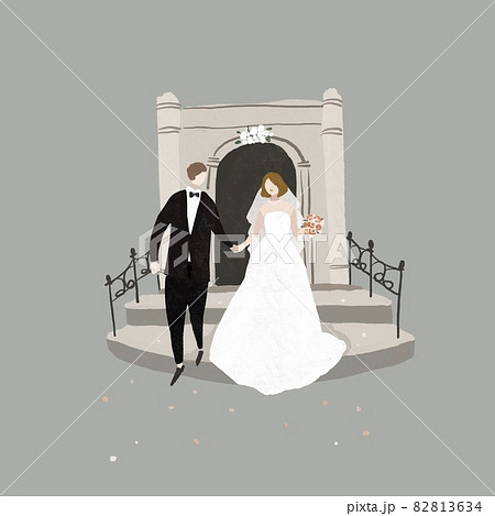 手を繋いで結婚式場から退場する新郎新婦 フラワーシャワー ウエディング 挙式 花嫁b ベール有 のイラスト素材