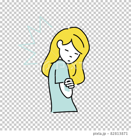 Illustration of a woman who is surprised to notice a bruise on her upper arm 82813871