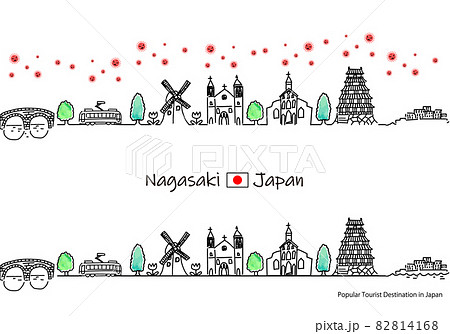 長崎県の観光地の街並みと新型コロナウイルスのシンプル線画セット 82814168