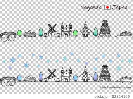 冬季長崎縣觀光景點的簡單線描圖 82814169